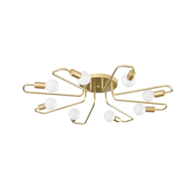 Curved Arm Flush Lighting Fixture Modern Metallic 8-Bulb Living Room Semi Flush Lamp in Gold