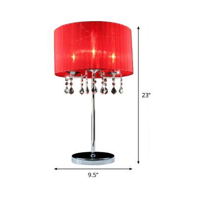 Cylinder Shade Table Lamp Modern Fabric 1 Bulb Red Task Light with Crystal Teardrop