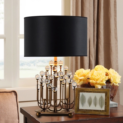 Cylindrical Fabric Table Lamp Modernist 1 Bulb Black Desk Light with Crystal Ball