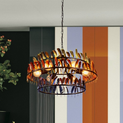 Drum Cage Living Room Ceiling Lamp Farmhouse Metal 6-Head Black Hanging Chandelier with Red and Blue Feather Deco