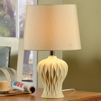 Drum Table Light Modern Fabric 1 Bulb White Nightstand Lamp with Urn-Shaped Ceramic Base