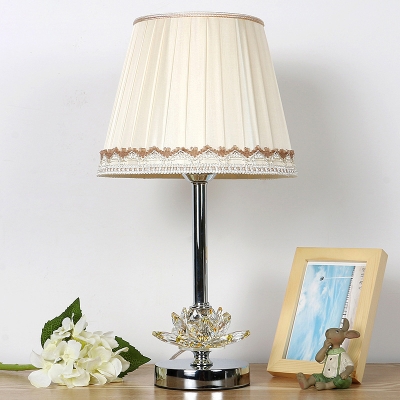 Fabric Flared Desk Light Modernism 1 Bulb White Night Table Lamp with Crystal Lotus