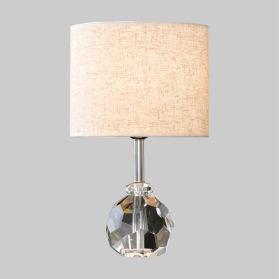 Gray Cylinder Desk Light Modern 1 Bulb Fabric Nightstand Lamp with Cut Crystal Base