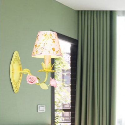 Green Conical Wall Sconce Light Pastoral Metal 1 Bulb Bedroom Flower Wall Mount Lamp with Fabric Shade