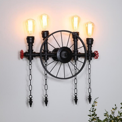 Industrial Wheel Sconce 4 Heads Metallic Wall Mount Pipe Light in Black with Chain