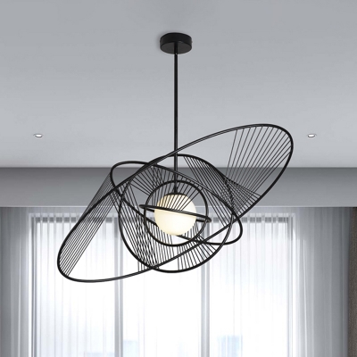 Iron Encircled Down Lighting Modern Art Deco 1 Head Ceiling Hang Fixture in Black with Ball Frosted White Glass Shade