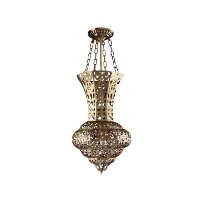 Metal Brass Pendant Lighting Fixture Hollow 1-Bulb Traditional Hanging Ceiling Light for Restaurant