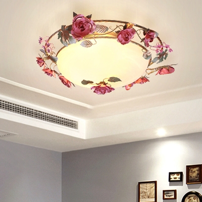Metal Dome Ceiling Fixture Pastoral 2/3/4 Lights Dining Room Flush Mount Light in White with Flower Decor