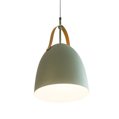 Metal Dome Hanging Lighting Minimalist 1-Light Green/White/Grey Finish Suspension Pendant Lamp with Leather Strap