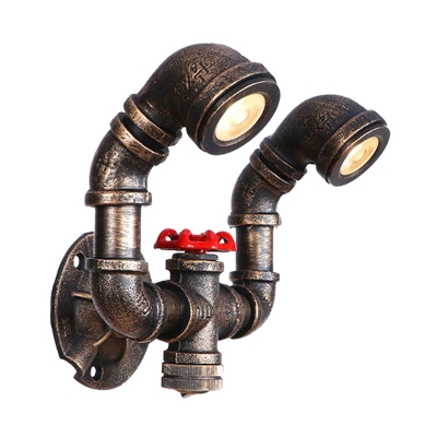 Metallic Bronze Wall Light Sconce Water Pipe 1/2-Light Vintage Wall-Mount Lamp with Red Valve Deco