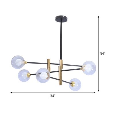 Modern 6-Light Linear Hanging Lighting with Clear Glass Shade Brass Globe Chandelier Pendant Lamp