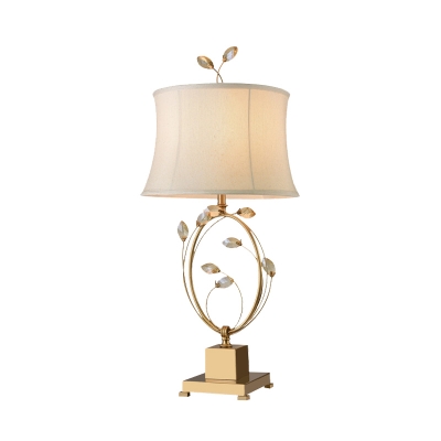 Modern Flared Desk Light Fabric 1 Bulb Night Table Lamp in Gold with Crystal Leaf