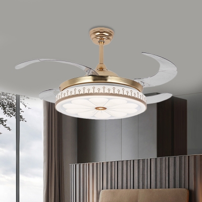 Modern Floral Ceiling Fan Light Metal Wall/Remote Control 4 Blades LED Semi Flush Lamp in Gold for Living Room, 42