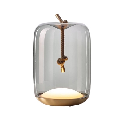 Modernism LED Table Lamp Brass Cylinder Reading Book Light with Smoke Glass Shade