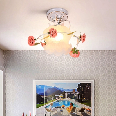 Pastoral Blossom Ceiling Mounted Fixture 1 Light Metal Flush Mount Lighting in White for Corridor