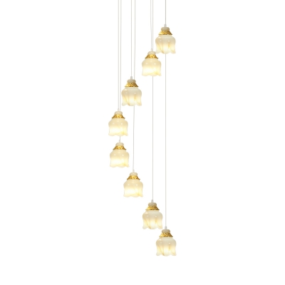 Simple Flower White Glass Cluster Pendant 8 Heads Suspended Lighting Fixture for Stair