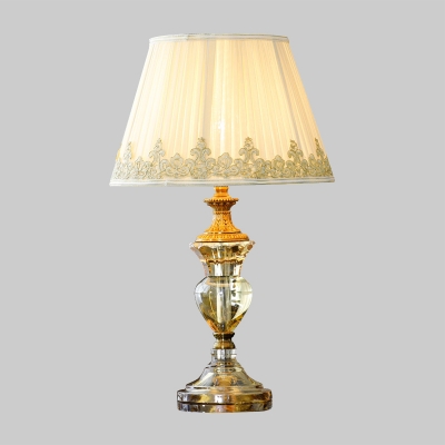 Tapered Desk Light Modern Fabric 1 Bulb Beige Night Table Lamp with Crystal Base