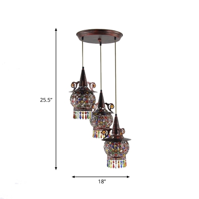 Traditionary Lantern Ceiling Lamp Metal 3 Heads Cluster Pendant Light in Copper