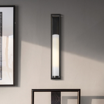 Tube Living Room Wall Flush Mount Light White Glass 1-Bulb Modernist Sconce in Black with Rectangle Backplate