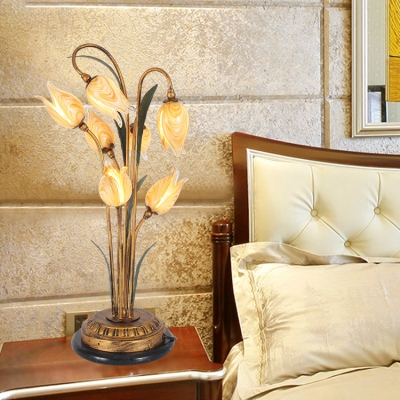 Tulip Bedroom Night Table Lighting Pastoral Metal 2/3/7 Lights Brass LED Nightstand Lamp