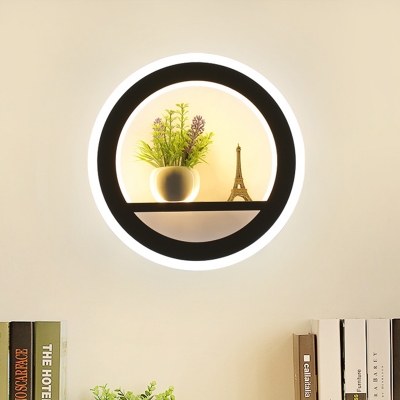 White 1-Head Sconce Lamp Simple Metal Round LED Plant Wall Mount Lighting for Living Room
