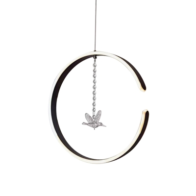 White/Black Ring Hanging Light Minimalist LED Acrylic Suspended Pendant Lamp with Bird Crystal Decor