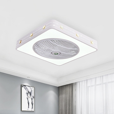 White LED Fan Lighting Modernist Metal Square Semi Flush Mount Ceiling Light Fixture with 3 Blades for Bedroom, 21.5