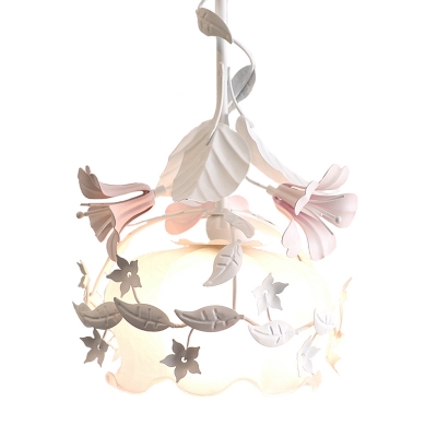 1 Light Flower Pendant Lamp Pastoral White Metal Hanging Light Fixture for Living Room