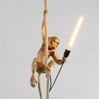 1 Light Monkey Hanging Light Fixture Antiqued White/Gold Resin Ceiling Pendant Lamp with Rope Cord