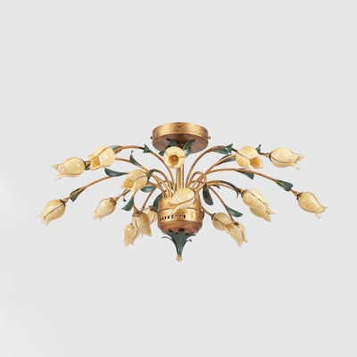 18 Heads Ceiling Mounted Light Pastoral Living Room LED Semi Mount Lighting with Tulip Frosted Glass in Brass