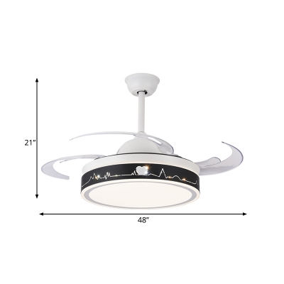 4 Blades Black Circle Hanging Fan Lamp Contemporary Acrylic Bedroom LED Semi Flush Lighting, 48