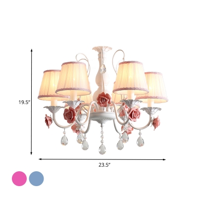 6 Bulbs Conical Chandelier Light Pastoral Pink/Blue Metal Flower Pendant Lighting with Dangling Crystal for Bedroom