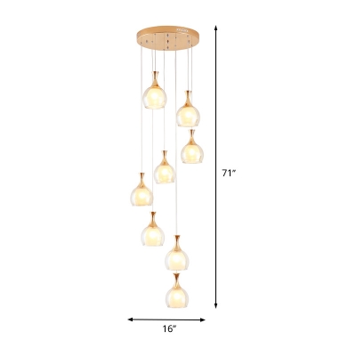 8 Heads Living Room Drop Lamp Minimalism Gold Multi Light Pendant with Dome Amber Glass Shade