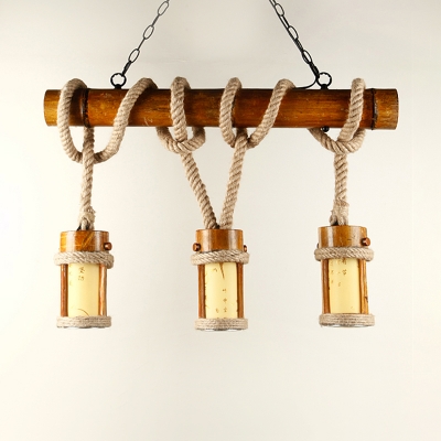 Bamboo Wood Pendant Light Fixture Tubular 3 Heads Farmhouse Island Lamp with Rope Arm