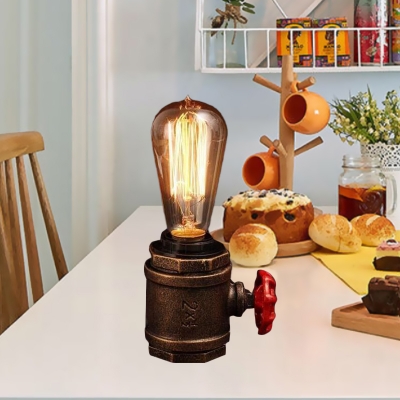 Bare Bulb Iron Table Light Vintage 1-Light Bedroom Small Desk Lamp in Rust with Valve Deco