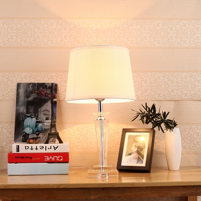Barrel Fabric Desk Light Modernist 1 Head White Night Table Lamp with Crystal Base
