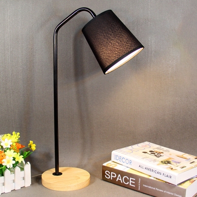 Barrel Task Light Modernist Fabric 1 Bulb Black Desk Lamp with Circular Beige Wood Base