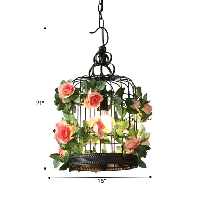 Birdcage Restaurant Suspension Lamp Industrial Metal 1 Bulb Black LED Pendant Light with Flower Decor
