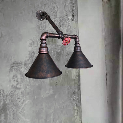 Black Cone Shade Wall Lighting Industrial Iron 2 Heads Living Room Sconce Lamp with Red Valve Deco