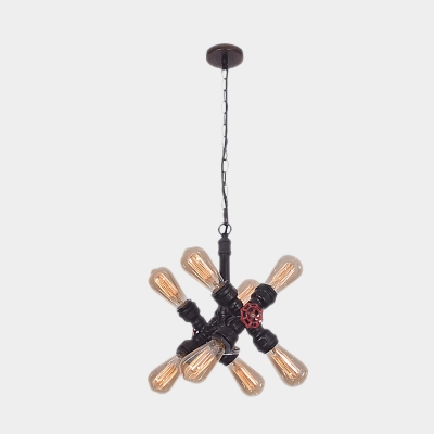 Black Crossing Pipe Ceiling Chandelier Antiqued Metallic 8-Light Living Room Pendant Lamp