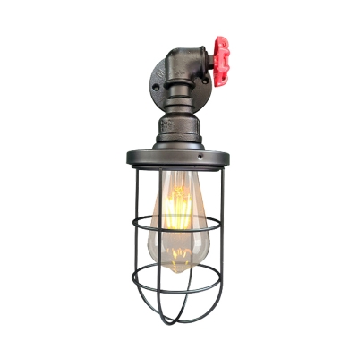 Black/Rust 1 Bulb Sconce Farmhouse Style Metal Caged Wall-Mount Light with Red Valve Deco for Hallway