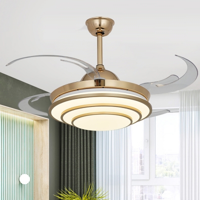 Cascaded Living Room Semi Flush Contemporary Metallic LED Gold Ceiling Pendant Fan Light with 4 Clear Blades, 42