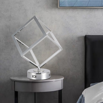 Chrome Cubic Frame Night Table Light Modernist LED Metallic Small Desk Lamp with Circle Base