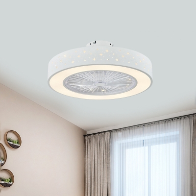 Circular Metal Semi Flush Ceiling Light Simplicity LED Bedroom Pendant Fan Lighting in White with 3 Blades, 21.5