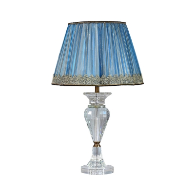 Conical Fabric Table Light Modern 1 Bulb Blue Small Desk Lamp with Clear Crystal Base