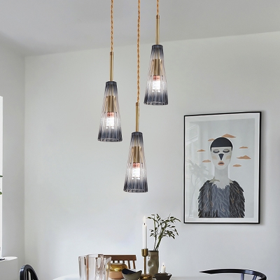 Contemporary 3-Bulb Hanging Lamp with Gradual Grey Prismatic Glass Shade Brass Cone Cluster Pendant Light