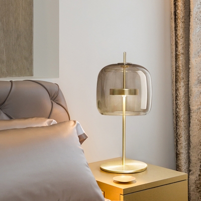 Cup Shape Bedside Task Lighting Tan Glass LED Modern Night Table Lamp with Circle Metal Base
