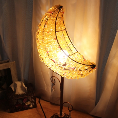Curved Bedroom Nightstand Lamp Art Deco Metal 1 Bulb White/Yellow Task Lighting with Crystal Bead