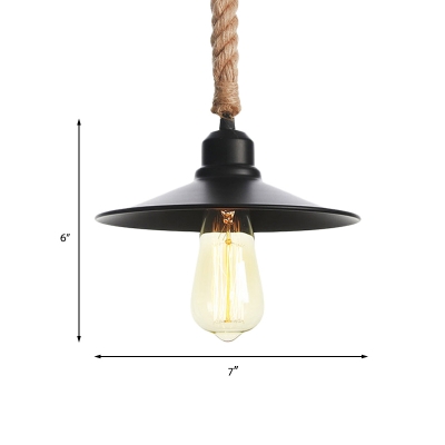 Flat/Cone Kitchen Hanging Light Vintage Metallic 1-Bulb Black Finish Pendant Ceiling Lamp with Rope Cord, 7