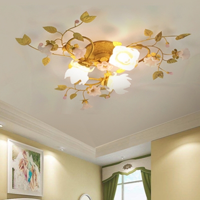 Flower Metal Ceiling Light Country Style 3 Bulbs Bedroom Semi Flush Mount Lighting in Gold